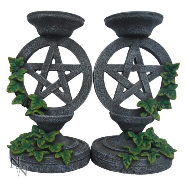 Lot de 2 bougeoirs chandelier pentagramme imitation pierre avec lierre, witch occulte - Photo n°1