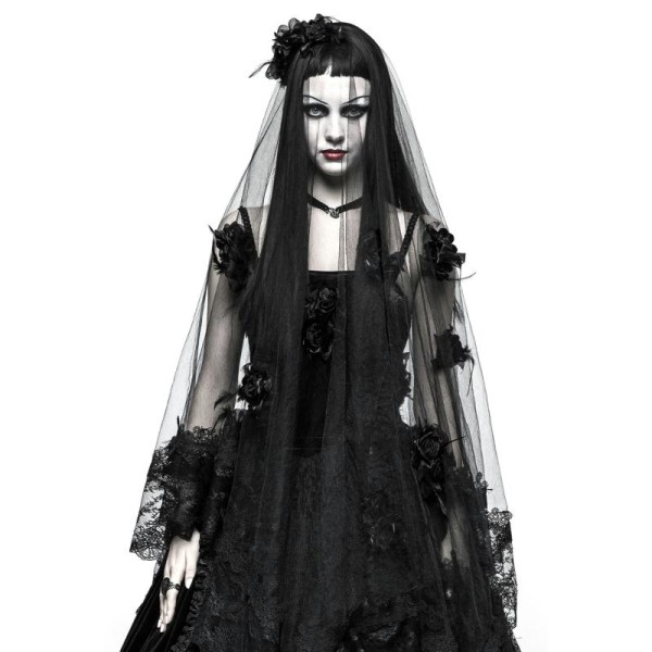 Voile avec dentelle avec roses noires, veuve mariée élégant gothique punk rave - Photo n°1