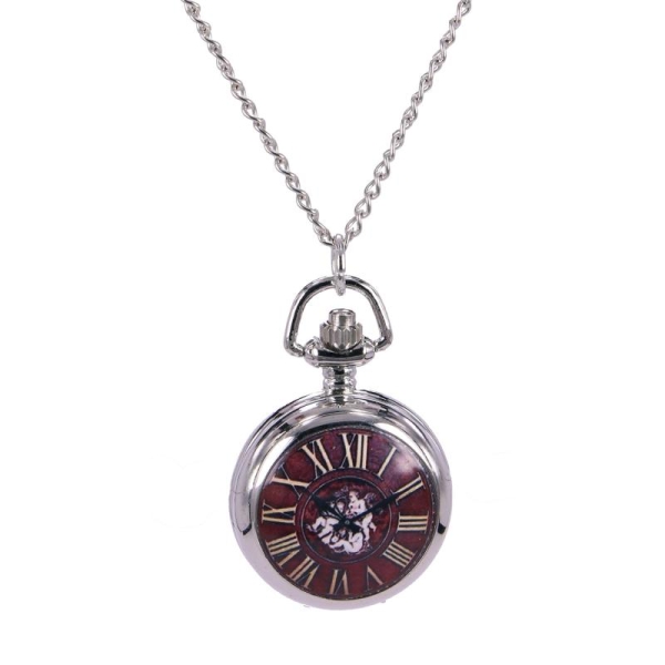 Petite montre à gousset collier rouge bordeaux avec petits anges retro vintage - Photo n°1