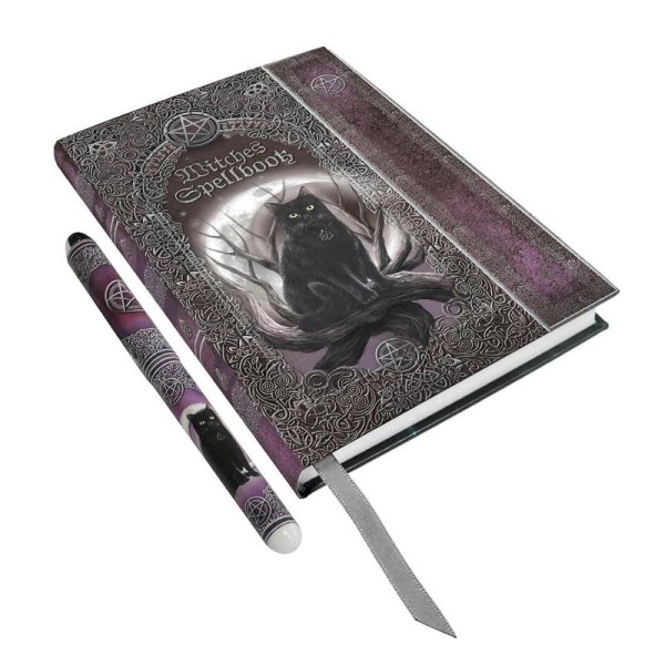 Carnet d'écriture witches spellbook, chat noir avec lune, format a5 avec stylo - Photo n°1