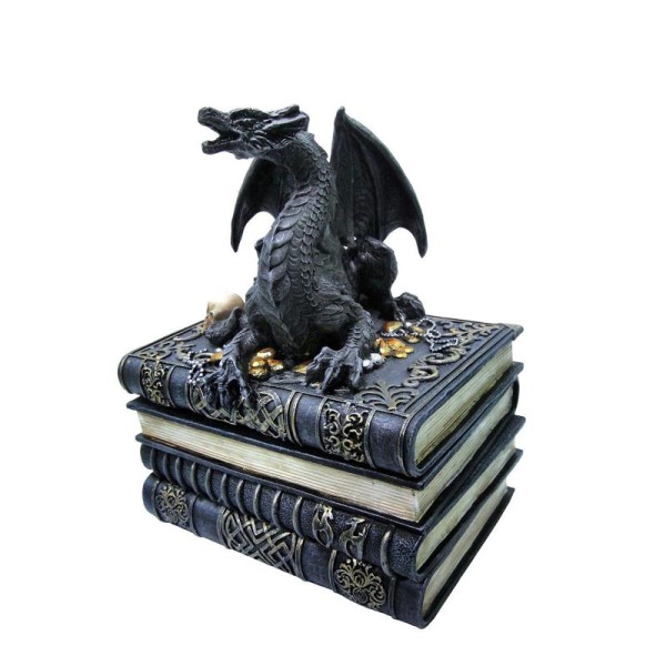 Boite statue effet pierre, dragon sur trésors et livres, 19cm - Photo n°1