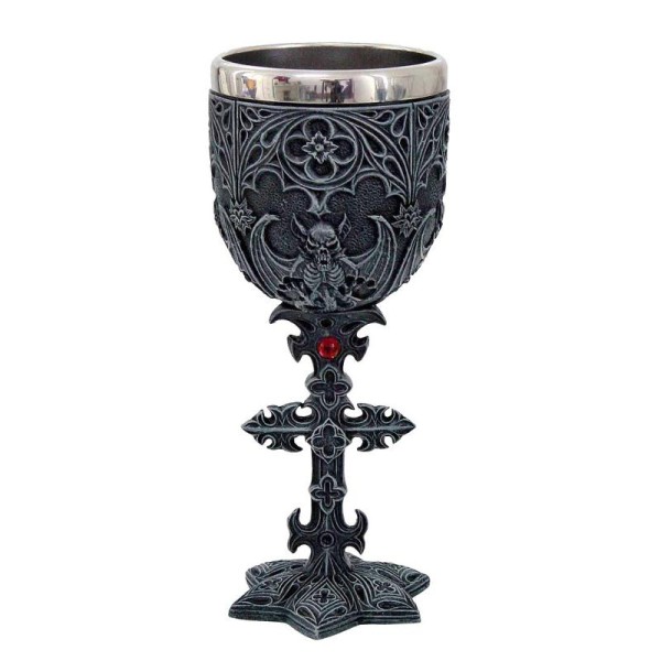 Vampire goblet, calice gothique effet pierre avec crucifix et chauve-souris - Photo n°1