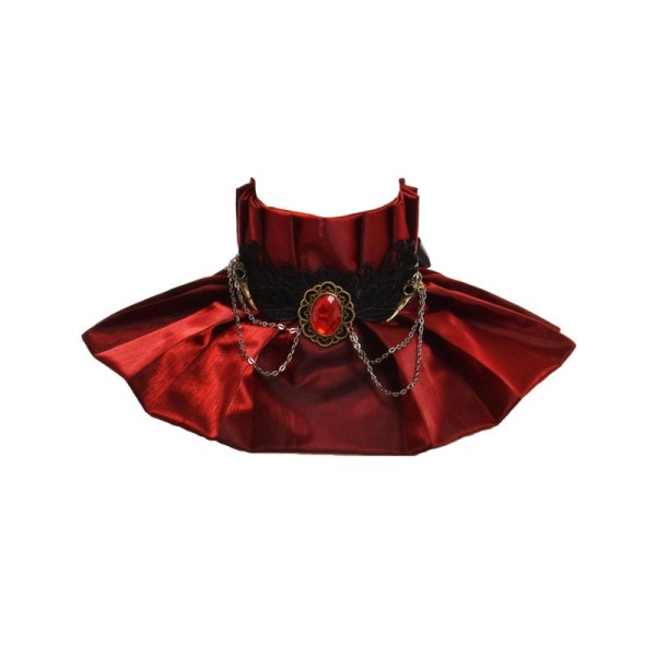 Col en satin rouge avec broderies noires, crânes de corbeaux et pierre rouge, aristocrate - Photo n°1