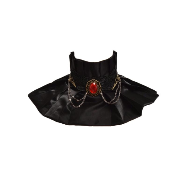 Col en satin noir avec broderies, crânes de corbeaux et pierre rouge, aristocrate - Photo n°1