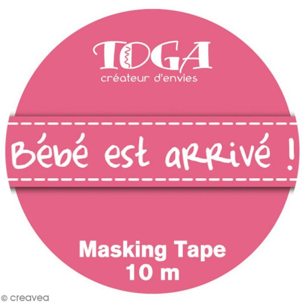 Masking tape Toga - Color factory naissance - Bébé est arrivé Rose grenadine - 10 mètres - Photo n°2