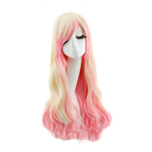 Perruque longue rose et blonde ondulée de 70cm avec mèche, cosplay - Photo n°1