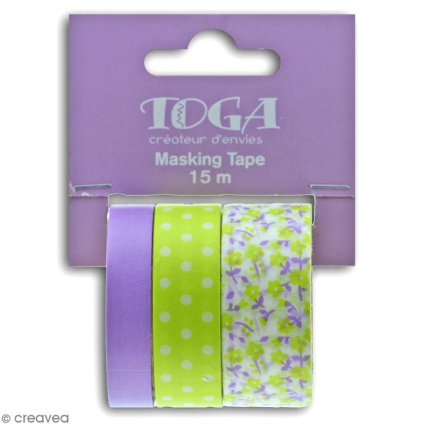Masking tape Toga - Color factory - Fleurs Pois et Uni violet et vert - 3 rouleaux - Photo n°3