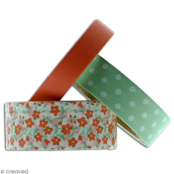 Masking tape Toga - Color factory - Fleurs Pois et Uni corail et vert - 3 rouleaux - Photo n°2