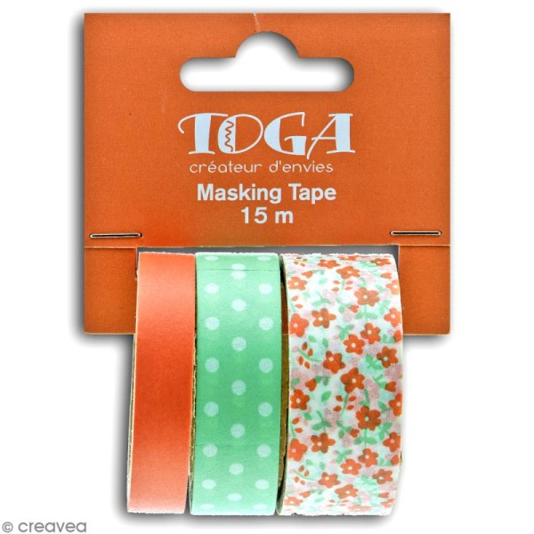 Masking tape Toga - Color factory - Fleurs Pois et Uni corail et vert - 3 rouleaux - Photo n°3