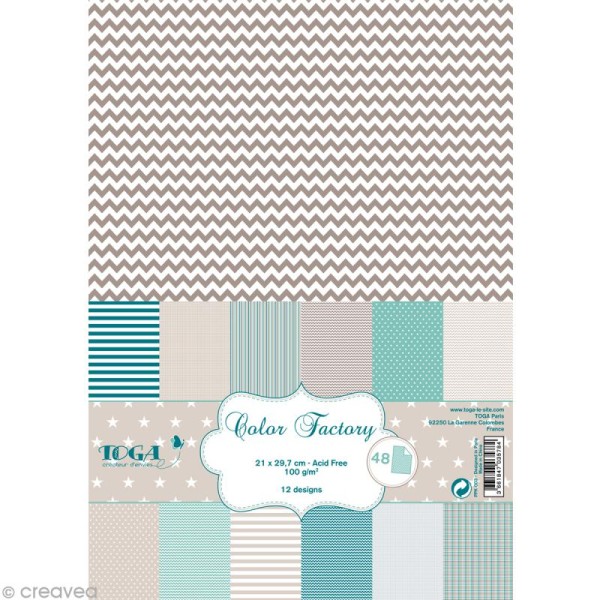 Papier scrapbooking Toga - Color factory - Bleu beige taupe - 48 feuilles A4 - Photo n°1