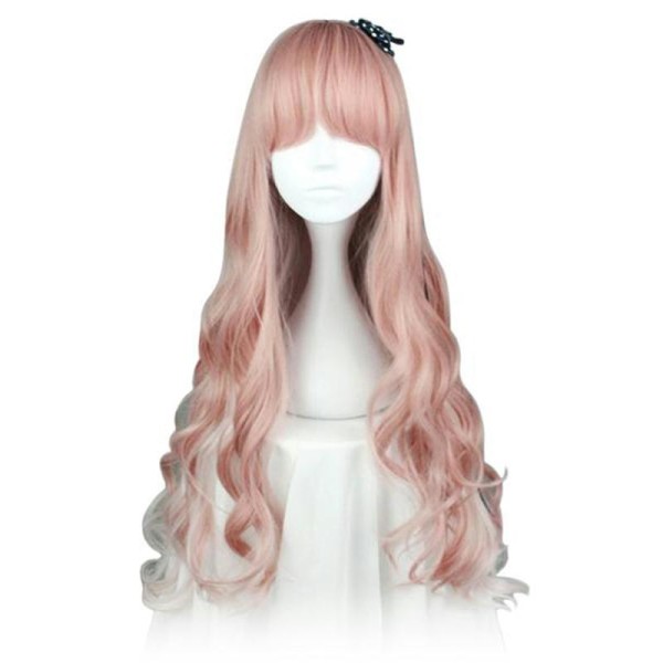 Perruque longue ondulée rose pâle avec frange 80cm, cosplay mode fantaisie - Photo n°1