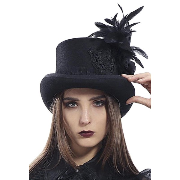 Chapeau haut de forme noir avec plumes, broderie et roses noires, élégant gothique - Photo n°1