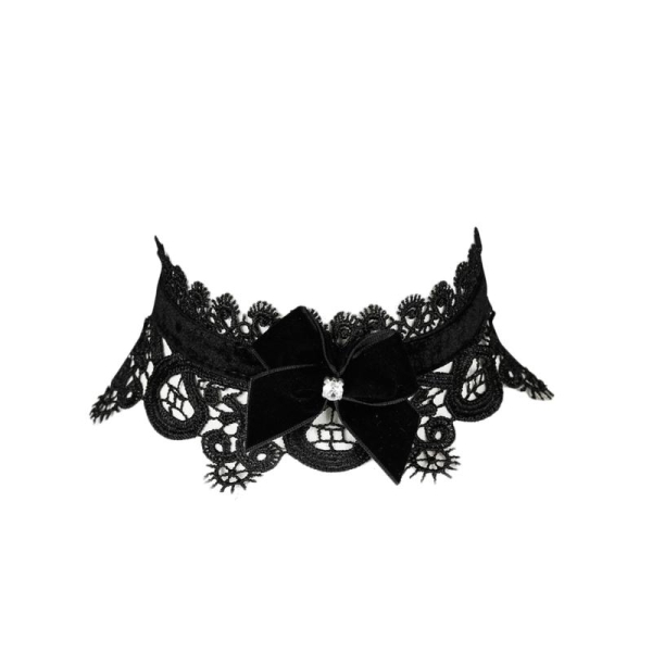 Ras de cou en velours noir avec dentelle et noeud à strass, gothique romantique - Photo n°1