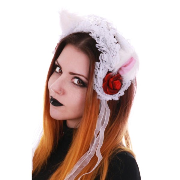 Serre tête gothic lolita blanche et rouge avec oreilles de chat - Photo n°1