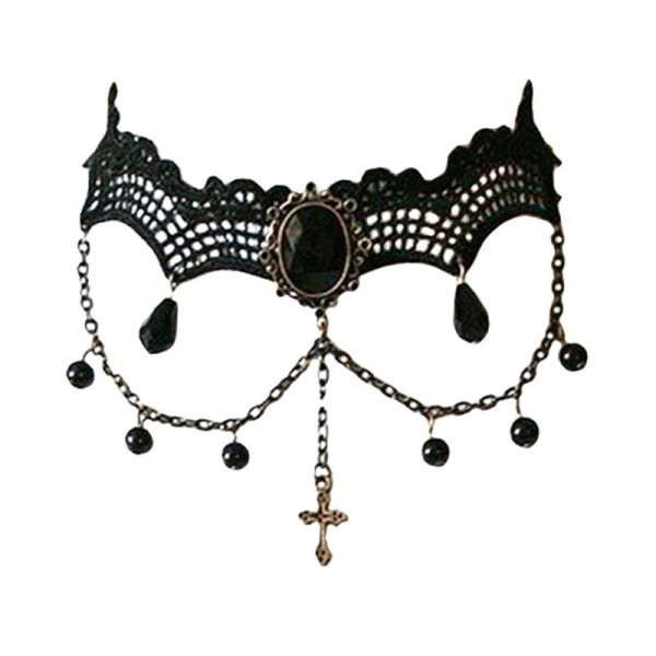 Ras de cou noir avec perles,chaines et croix en pendentif - Photo n°1