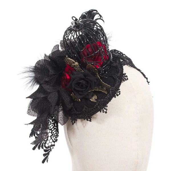 Coiffe chapeau noir et rouge avec rose, papillon, dentelle et cage à oiseau rq-bl - Photo n°1