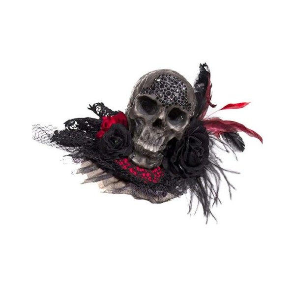 Chapeau coiffe noire et rouge avec gros crâne, rosesn, résille et plumes rqbl - Photo n°1