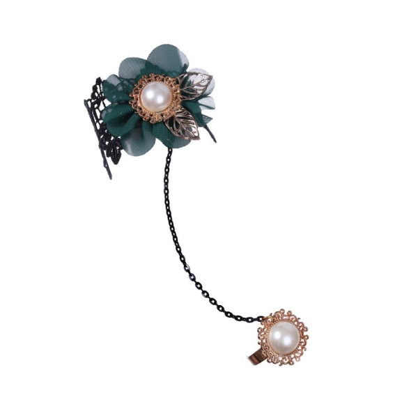 Bracelet gothique elfique en dentelle noire, fleur verte, bijoux perles et bague - Photo n°1