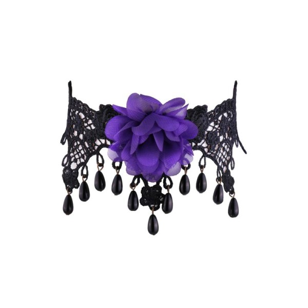 Ras de cou gothique en dentelle noire avec fleur violette et perles - Photo n°1