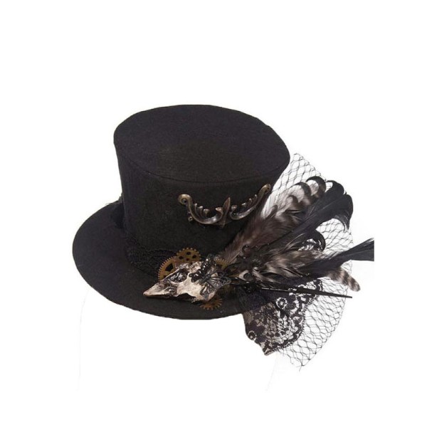Chapeau haut de forme élégante gothique avec crâne, plumes, engrennages et dentelle r - Photo n°1