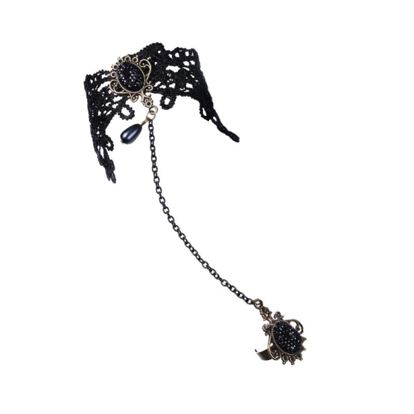 Bracelet victorien gothique dentelle noire, chaine et bague - Photo n°1