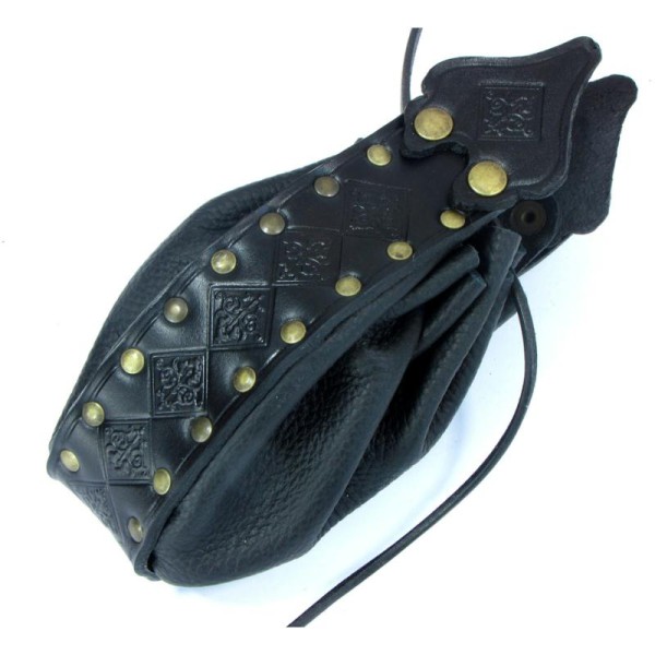 Bourse poche accordéon noire en cuir gothique médiéval, larps gn - Photo n°1