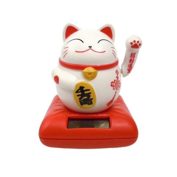 Maneki-neko solaire, chat chanceux blanc et rouge kawaii 10cm - Photo n°1