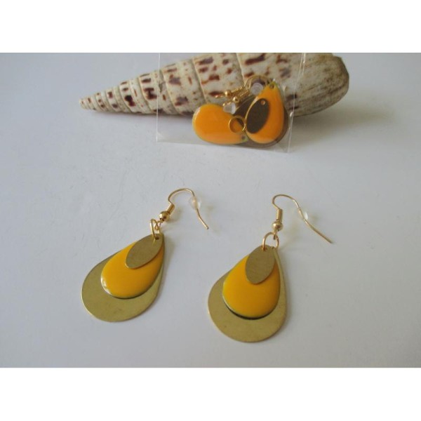 Kit boucles d'oreilles gouttes dorées et sequin émail orange - Photo n°1