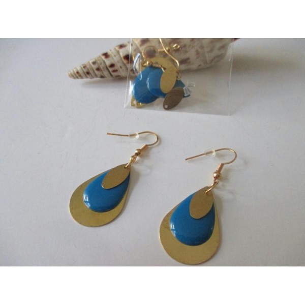 Kit boucles d'oreilles gouttes dorées et sequin émail bleu foncé - Photo n°1