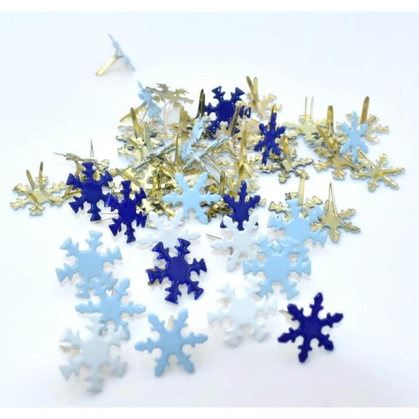 15 Brads flocons de neige bleu et blanc, attaches parisiennes Noël, 18 mm - Photo n°1