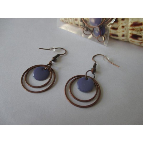 Kit boucles d'oreilles anneaux cuivres et sequin émail violet - Photo n°1