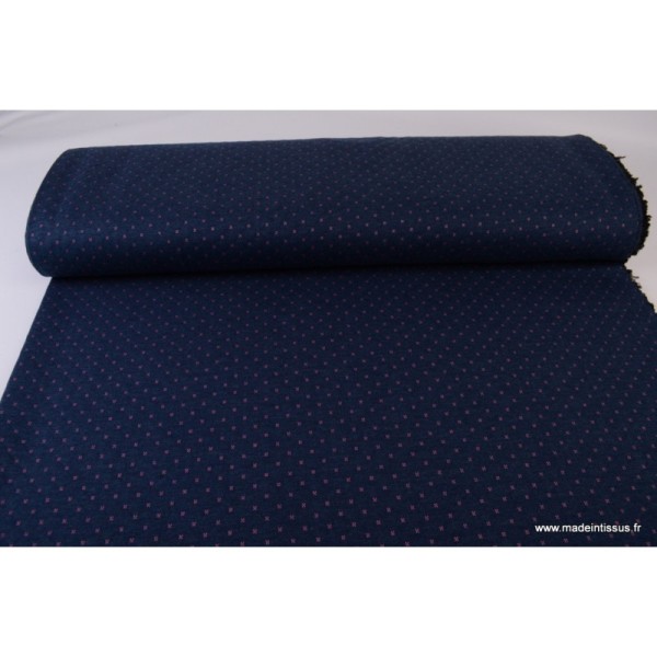Tissu Jersey coton matelassé Bleu Marine à points Fuchsia - Photo n°2