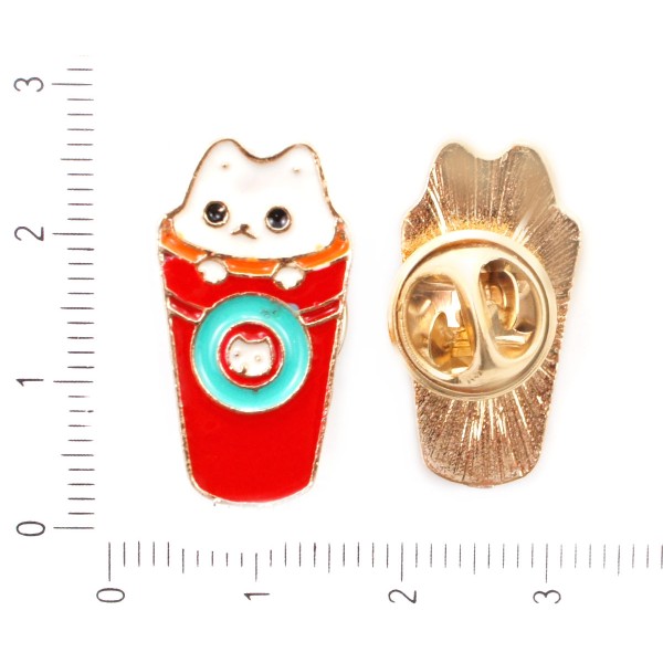 1pc White Cat Animal Red Cup Gold Color Plateau Enamel Badge Brooch Lapel Pins bijoux métal 13mm x 2 - Photo n°1