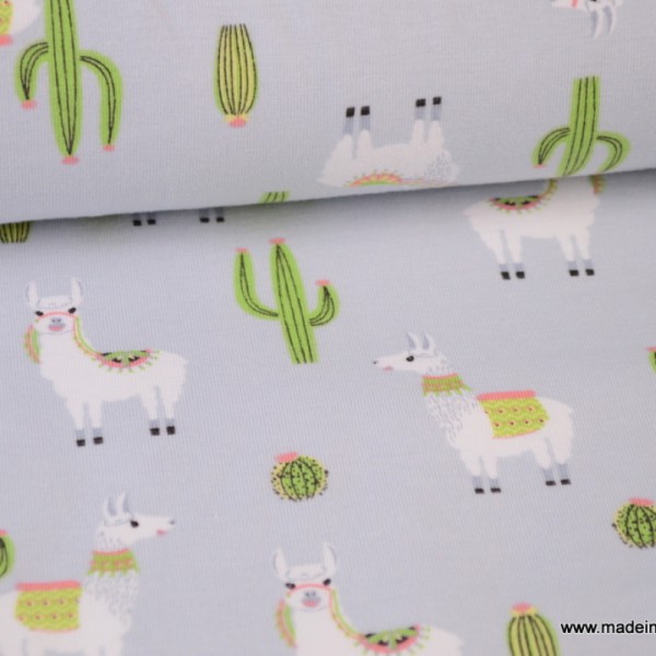 Tissu jersey imprimé Lamas et Cactus gris - Photo n°1