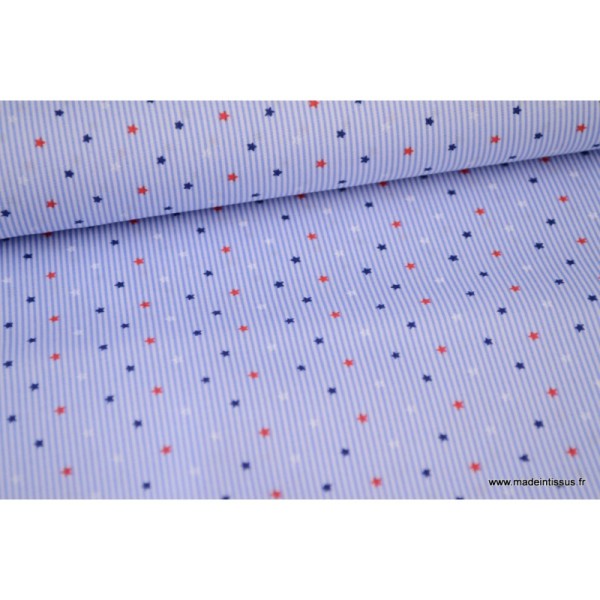 Tissu Popeline Stretch à rayures bleus et blanches imprimé étoiles - Photo n°2