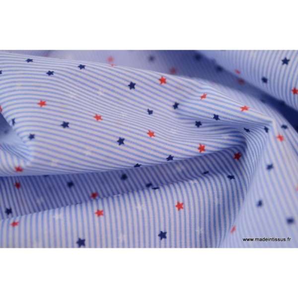 Tissu Popeline Stretch à rayures bleus et blanches imprimé étoiles - Photo n°3