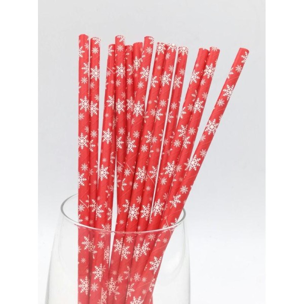 Pailles papier recyclables rouge flocons blancs x 25 Noël - Photo n°1