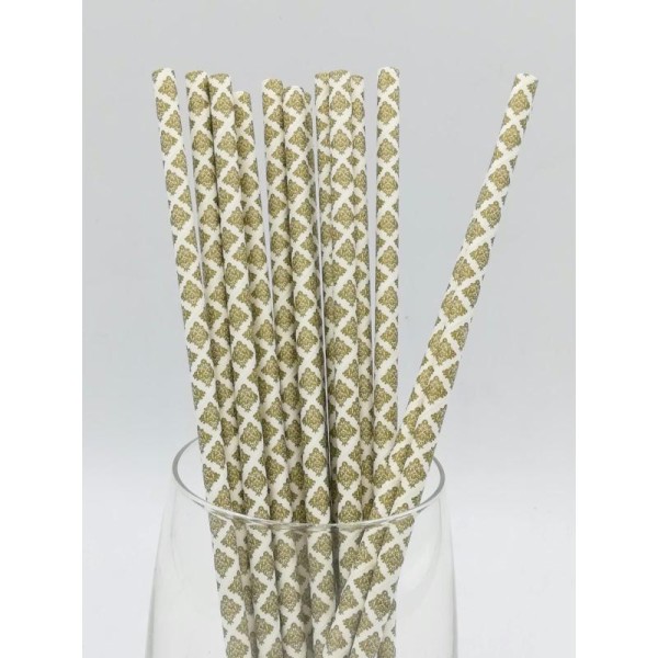 Pailles papier recyclables blanches damask dorés x25 - Photo n°1