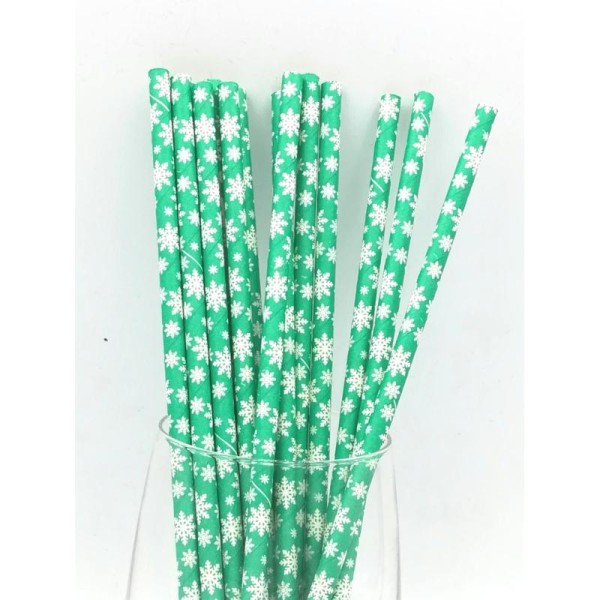 Pailles papier recyclables vertes flocons blancs x25 - Photo n°1