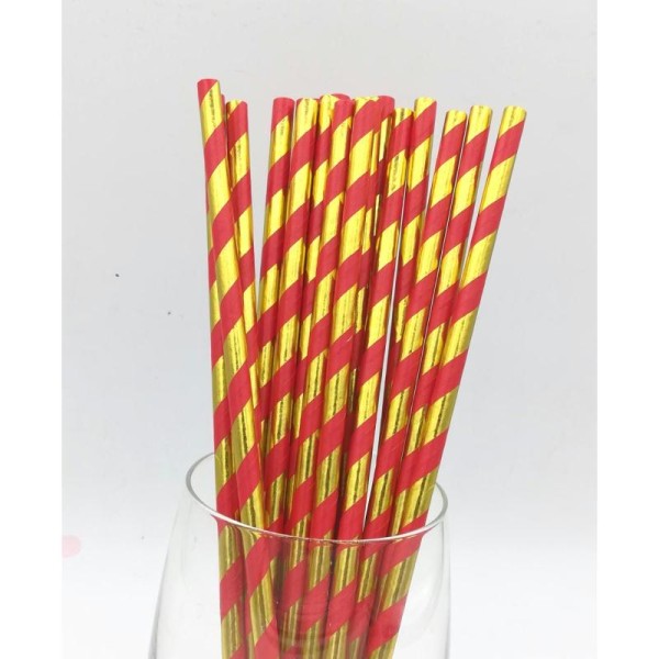 Pailles papier recyclables rayures dorées métalliques et rouges x25 - Photo n°1