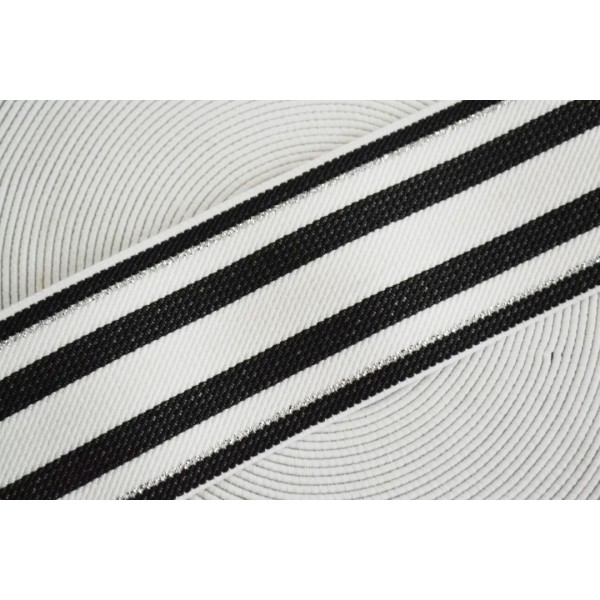 Galon élastique bicolore anthracite et blanc, ligne argent 50mm - Photo n°1