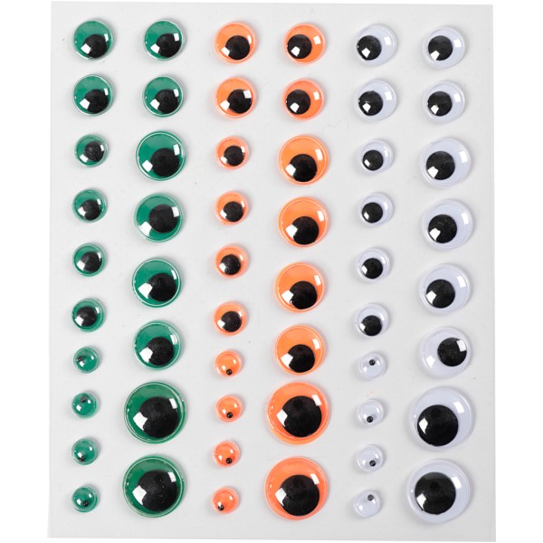 Yeux mobiles autocollants - Blanc, orange, vert - 6 à 15 mm - 54 pcs - Photo n°1