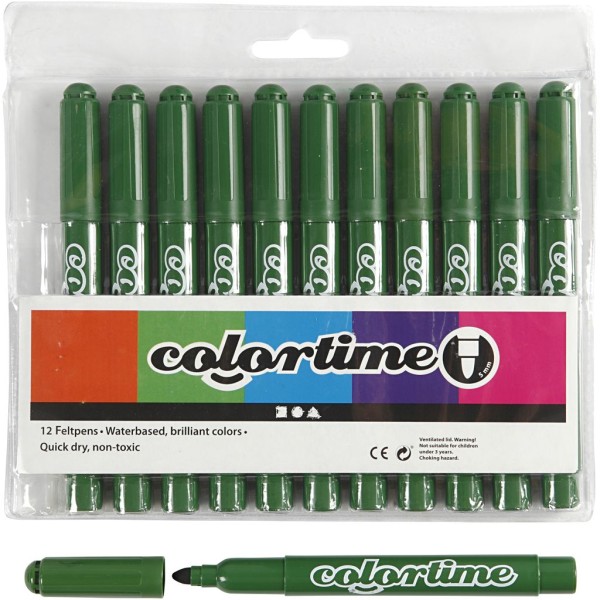 Feutres Colortime, trait: 5 mm, 12 pièces, vert sapin - Photo n°1