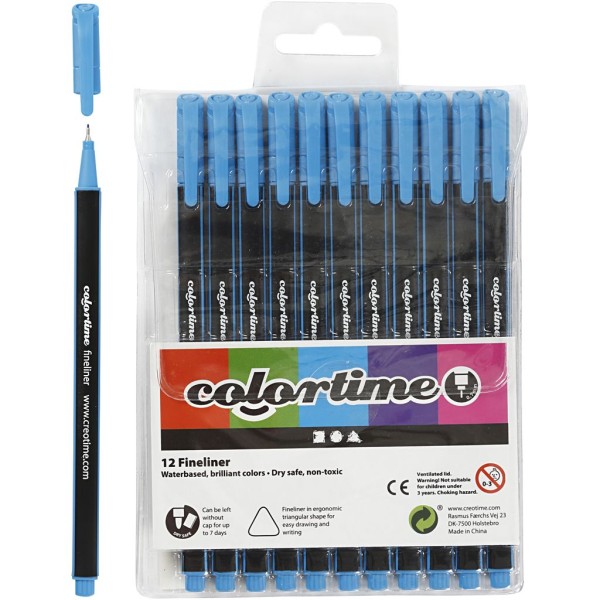 Feutres Colortime Fineliner, trait: 0,6-0,7 mm, 12 pièces, light blue - Photo n°1