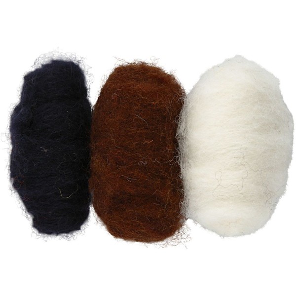 Assortiment de pelotes de laine cardée - 3 x 10 gr - Noir, marron et blanc - Photo n°1