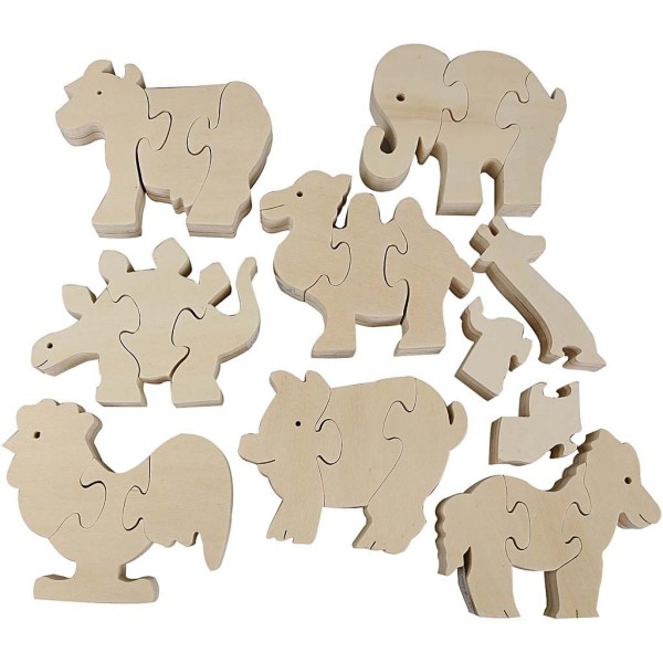 Puzzle animaux, dim. 9-10,5 cm, ép. 2,2 cm, 8 pièces, multi bois