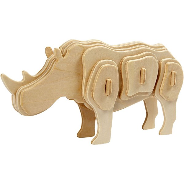 Puzzle 3D en bois à monter - Rhinocéros - 4 x 8 x 16 cm - Photo n°1