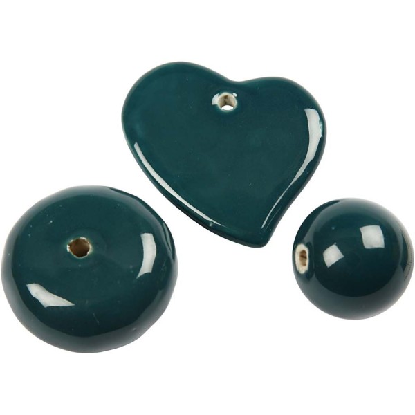 Perles modes en céramique, dim. 24-36 mm, diamètre intérieur 2-3 mm, 3 assortis, vert foncé - Photo n°1