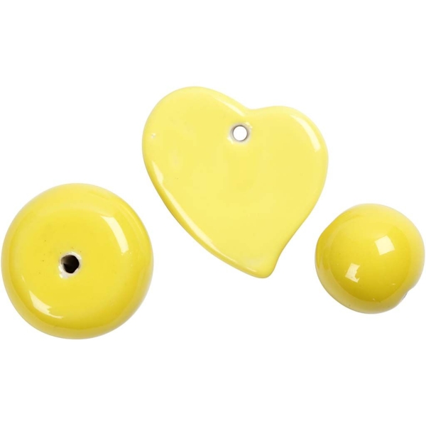 Perles modes en céramique, dim. 24-36 mm, diamètre intérieur 2-3 mm, 3 assortis, jaune - Photo n°1