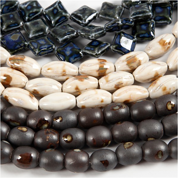 Perles de poterie, L: 12-19 mm, diamètre intérieur 2 mm, 99 pièces, bleu, beige pierre, blanc cassé - Photo n°1